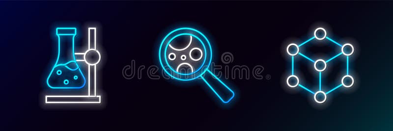 Set line Molecule, Test tube flask on stand and Microorganisms under magnifier icon. Glowing neon. Vector royalty free illustration