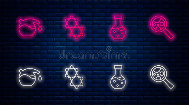 Set line Molecule, Test tube, and Microorganisms under magnifier. Glowing neon icon on brick wall. Vector stock illustration