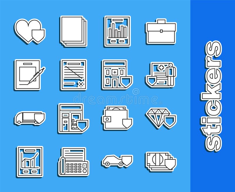Set line Money with shield, Diamond, Medical clipboard clinical record, Document graph chart, Delete file document royalty free illustration