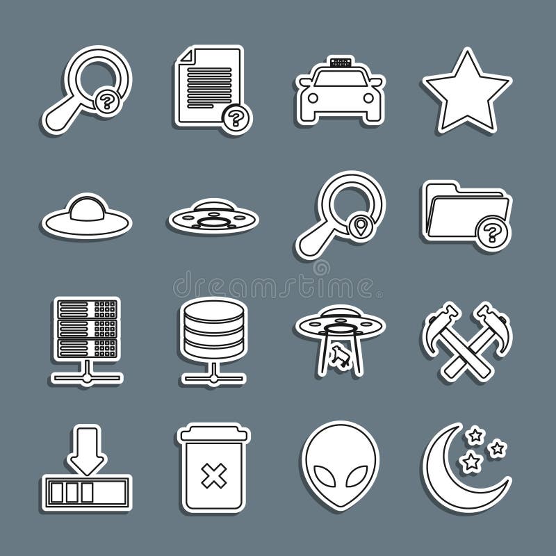 Set line Moon and stars, Two crossed hammers, Unknown directory, Taxi car, UFO flying spaceship, search and Search stock illustration