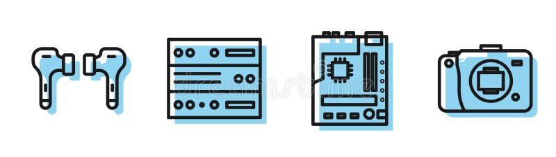 Set line Motherboard, Air headphones, Server, Data, Web Hosting and Mirrorless camera icon. Vector royalty free illustration