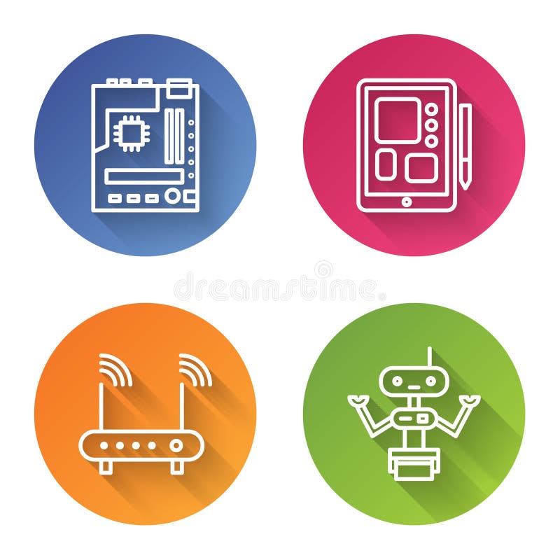 Set line Motherboard, Graphic tablet, Router and wi-fi signal and Robot. Color circle button. Vector royalty free illustration