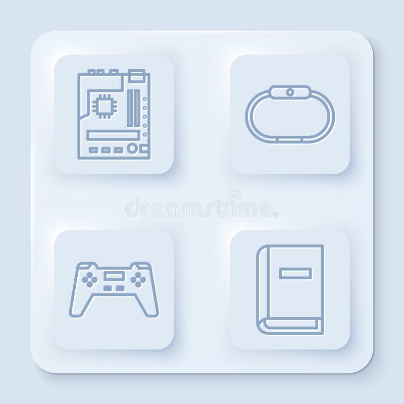 Set line Motherboard, Smartwatch, Gamepad and User manual. White square button. Vector vector illustration