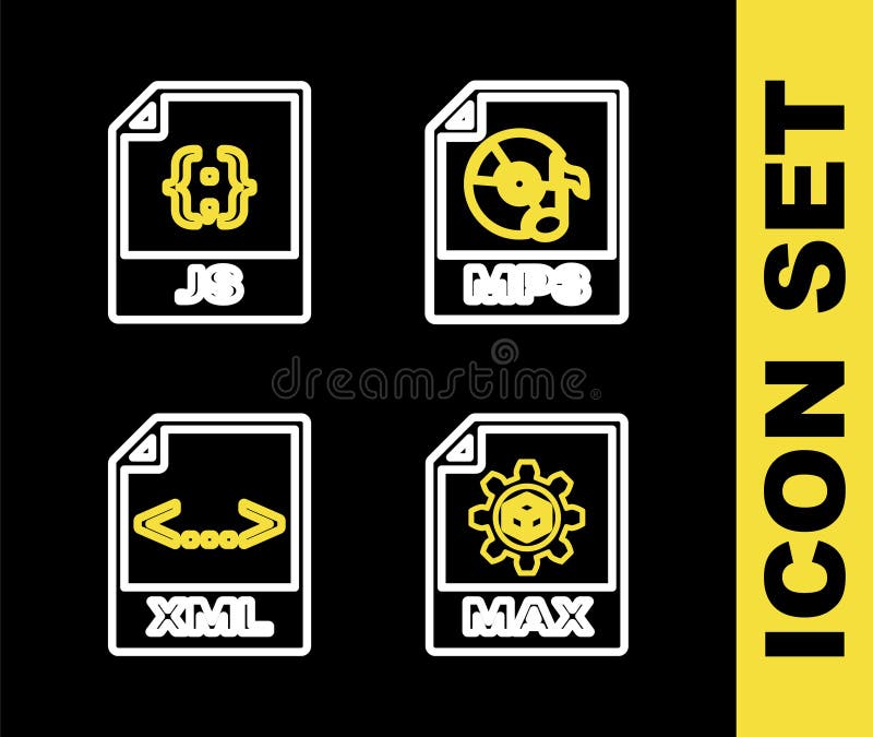 Set line MP3 file document, MAX, XML and JS icon. Vector vector illustration