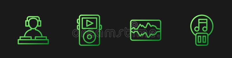 Set line Music wave equalizer, DJ playing music, player and Pause button. Gradient color icons. Vector