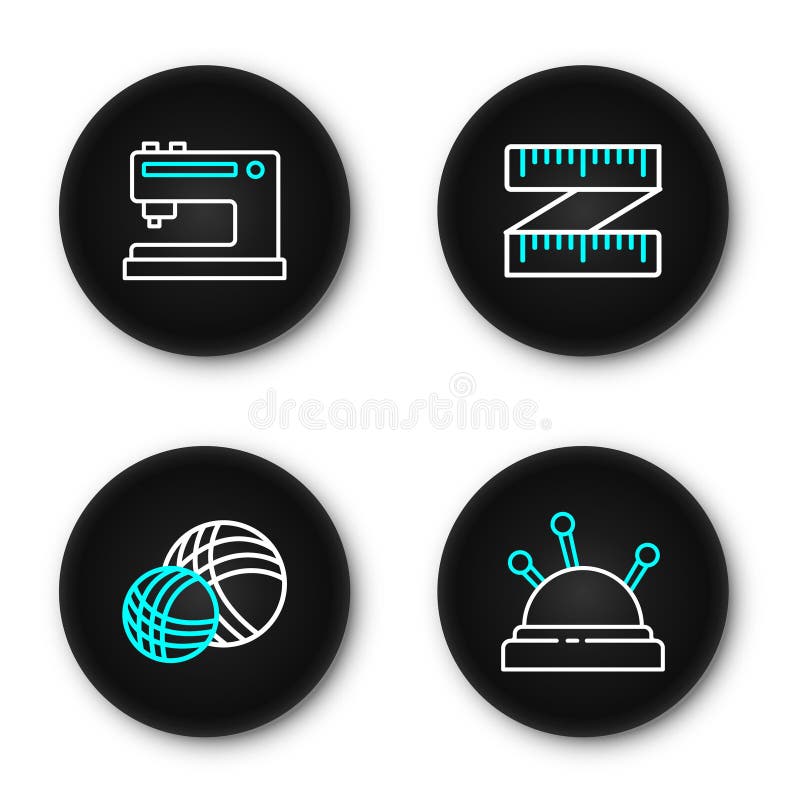 Set line Needle bed and needles, Yarn ball, Tape measure and Sewing machine icon. Vector stock illustration