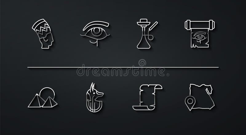 Set line nefertiti egypt pyramus eye of horus on papyrus scroll papyrus egibis map and hookah icon stock illustration
