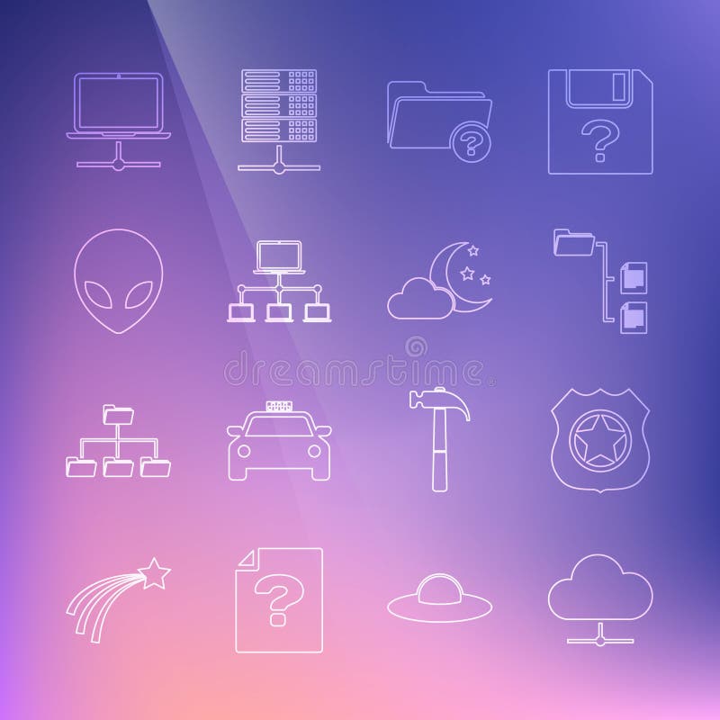 Set line Network cloud connection, Police badge, Folder tree, Unknown directory, Computer network, Alien, and Cloud with stock illustration