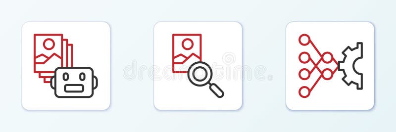 Set line Neural network, Artificial intelligence robot and Photo retouching icon. Vector vector illustration
