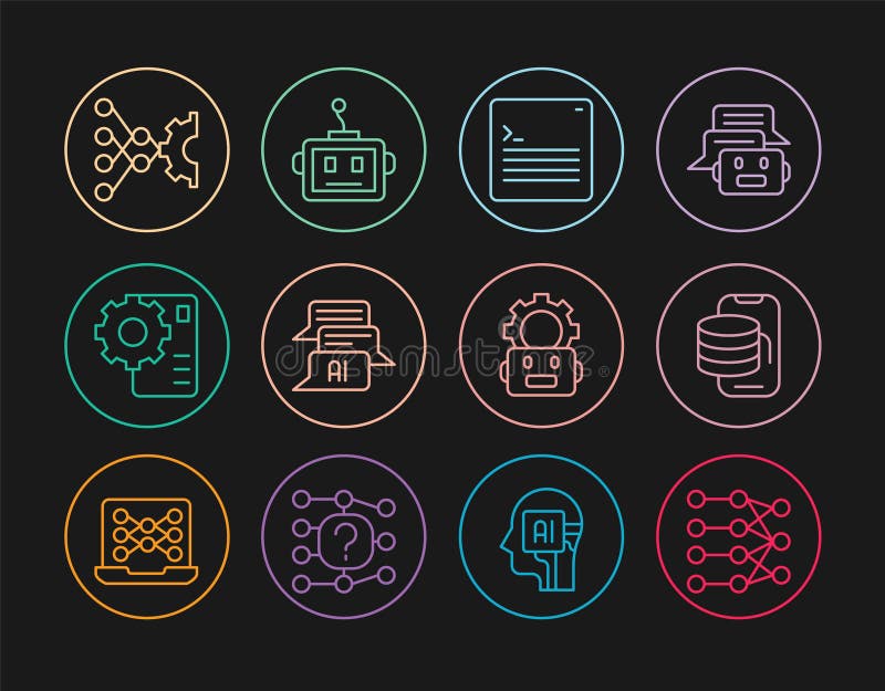 Set line Neural network, Cloud technology data transfer, Web developer programming code, Chat bot, Robot setting and vector illustration