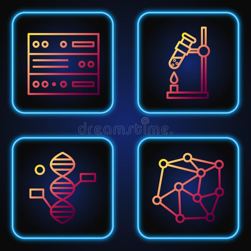 Set line Neural network, DNA symbol, Server, Data, Web Hosting and Test tube flask on fire. Gradient color icons. Vector stock illustration