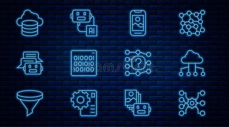 Set line Neural network, Network cloud connection, Mobile phone, Binary code, Chat bot, Cloud database, and Artificial vector illustration
