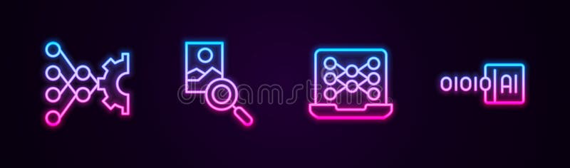 Set line Neural network, Photo retouching, and Binary code. Glowing neon icon. Vector royalty free illustration