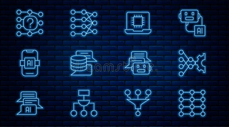 Set line Neural network, Processor CPU, Server, Data, Artificial intelligence AI, Chat bot and icon. Vector stock illustration