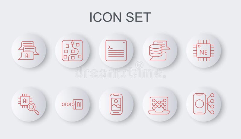 Set line Neural network, Processor CPU, Web developer programming code, Chat bot, Binary and Mobile phone icon. Vector vector illustration