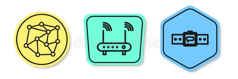 Set line Neural network, Router and wi-fi signal and Smartwatch. Colored shapes. Vector stock illustration