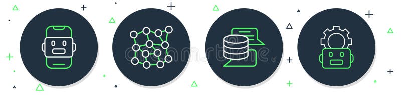 Set line Neural network, Server, Data, Chat bot and Robot setting icon. Vector vector illustration
