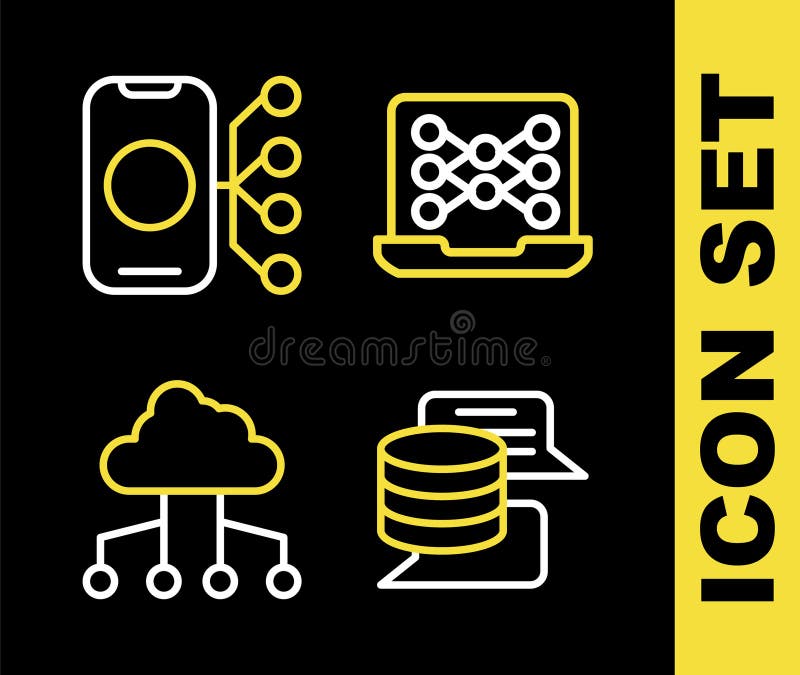 Set line Neural network, Server, Data, Network cloud connection and icon. Vector stock illustration