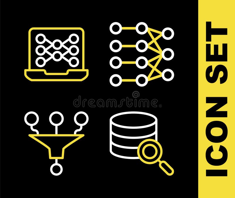 Set line Neural network, Server, Funnel filter and icon. Vector vector illustration