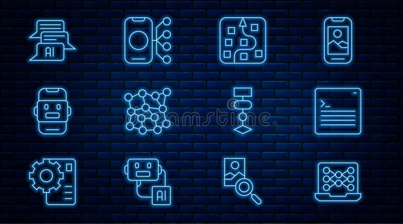 Set line Neural network, Web developer programming code, Chat bot, Algorithm and icon. Vector stock illustration