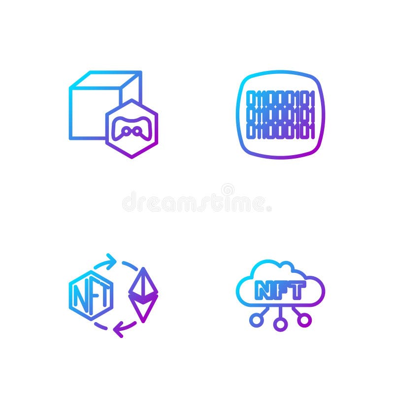 Set line NFT cloud, Ethereum exchange, Digital crypto art and Binary code. Gradient color icons. Vector royalty free illustration