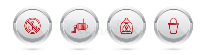 Set line No fishing, Spinning reel for, Camping lantern and Fishing bucket. Silver circle button. Vector vector illustration