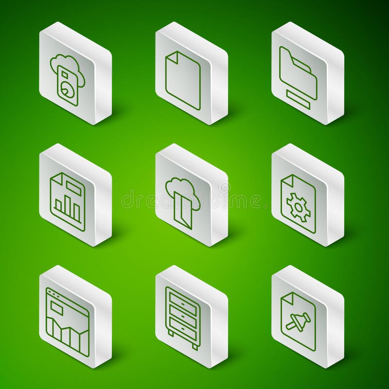 Set line Note paper with push button, Archive papers drawer, Cloud database, Document graph chart, File document, Graph vector illustration