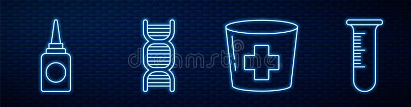 Set line Nurse hat with cross, Bottle nasal spray, DNA symbol, Test tube and flask and Test tube and flask. Glowing neon stock illustration