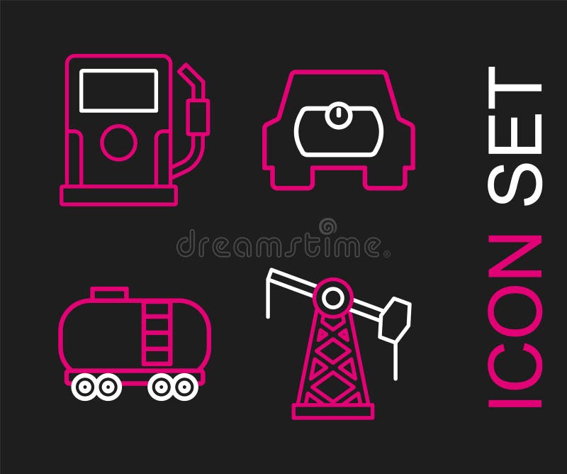 Set line Oil pump or pump jack, railway cistern, Gas tank for vehicle and Petrol gas station icon. Vector stock illustration