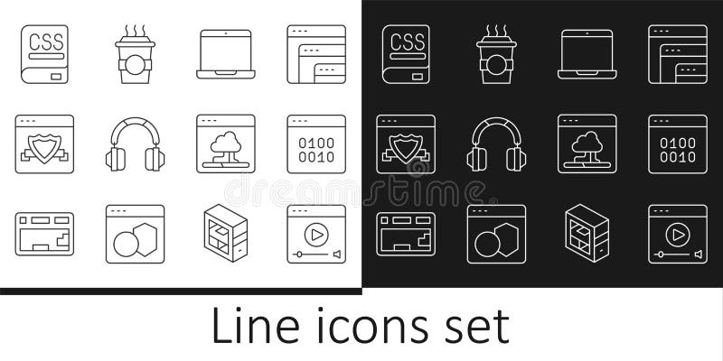 Set line Online play video, Binary code, Laptop, Headphones, Browser with shield, Books about programming, Cloud vector illustration