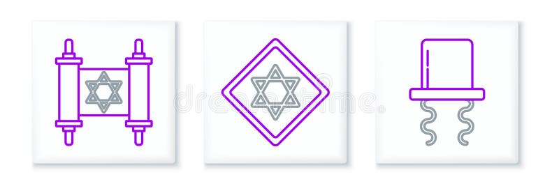 Set line Orthodox jewish hat with sidelocks, Torah scroll and Star of David icon. Vector royalty free illustration