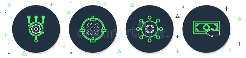 Set-Line-Outsourcing-Konzept Copywriting-Netzwerk-Algorithmus und Cash-Back-Symbol. Vektor stock abbildung