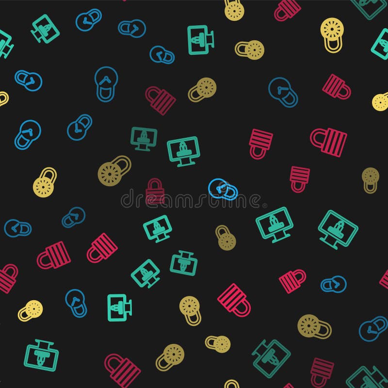 Set line Padlock with clock, Monitor password, Safe combination wheel and Lock on seamless pattern. Vector vector illustration