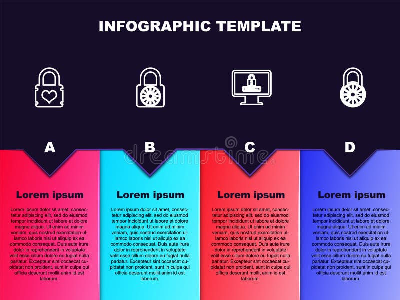 Set line Padlock with heart, Safe combination wheel, Monitor password and. Business infographic template. Vector royalty free illustration