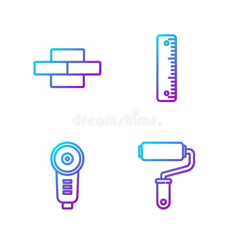 Set line Paint roller brush, Angle grinder, Bricks and Ruler. Gradient color icons. Vector royalty free illustration