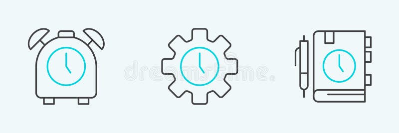 Set line Daily paper notepad, Alarm clock and Time Management icon. Vector stock illustration