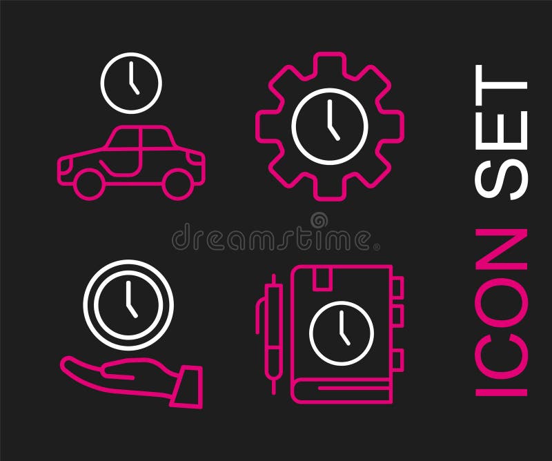 Set line Daily paper notepad, Clock, Time Management and to travel icon. Vector stock illustration