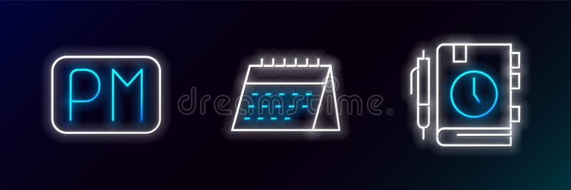 Set line Daily paper notepad, Day time and Calendar icon. Glowing neon. Vector vector illustration