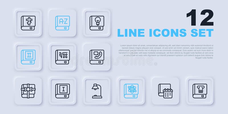 Set line Daily paper notepad, History book, Book with mathematics, about physics, Translator and Table lamp icon. Vector vector illustration