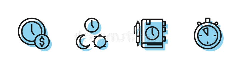 Set line Daily paper notepad, Time is money, Day and night with time and Stopwatch icon. Vector stock illustration