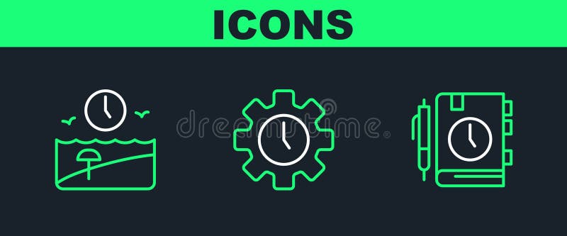 Set line Daily paper notepad, Vacation time and Time Management icon. Vector stock illustration