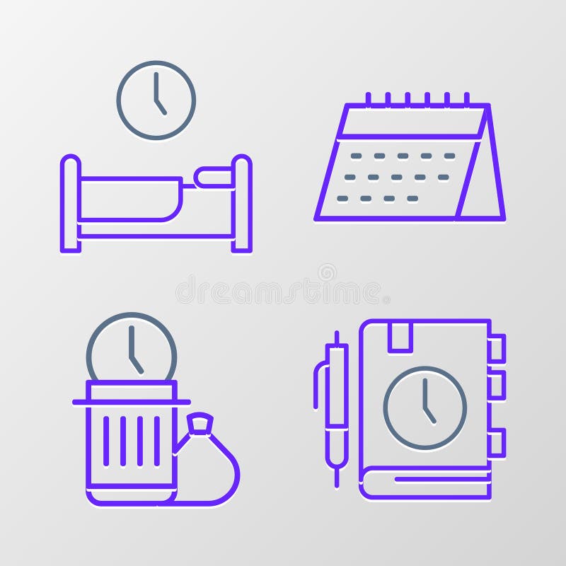 Set line Daily paper notepad, Waste of time, Calendar and Time to sleep icon. Vector stock illustration