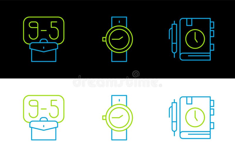 Set line Daily paper notepad, From 9 and Wrist watch icon. Vector stock illustration