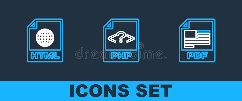 Set line PDF file document, HTML and PHP icon. Vector royalty free illustration