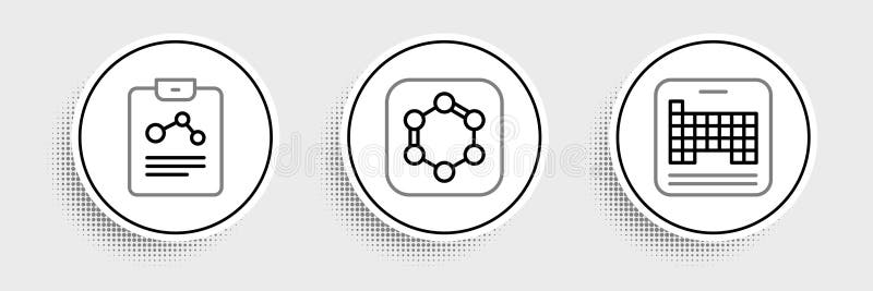 Set line Periodic table, Chemistry report and Formula of benzene rings icon. Vector vector illustration