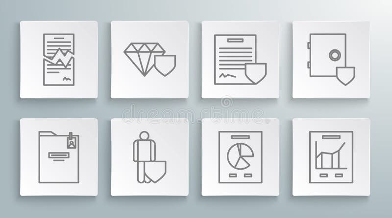 Set line Personal folder, Diamond with shield, Life insurance, Document graph chart, Contract, Safe and Torn contract stock illustration