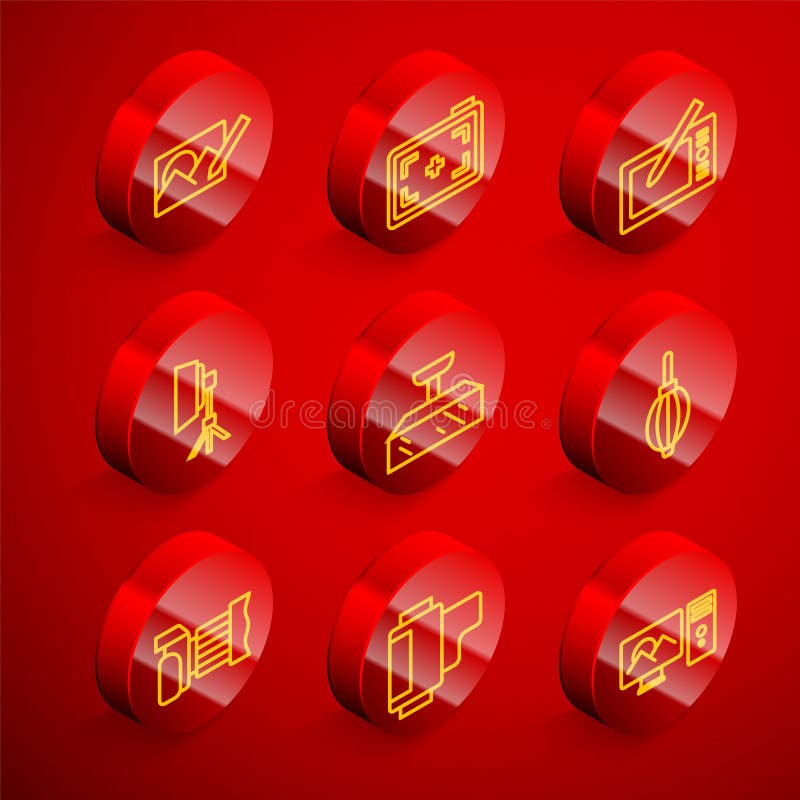 Set line Photo retouching, camera, Graphic tablet, Softbox light, Dust blower, and Camera roll cartridge icon. Vector stock illustration