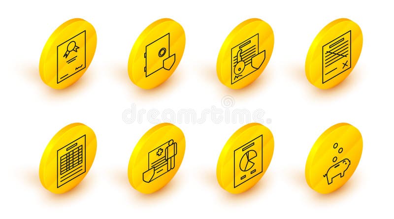 Set line Piggy bank with coin, Document graph chart, Medical clipboard clinical record, Report file document, Delete vector illustration