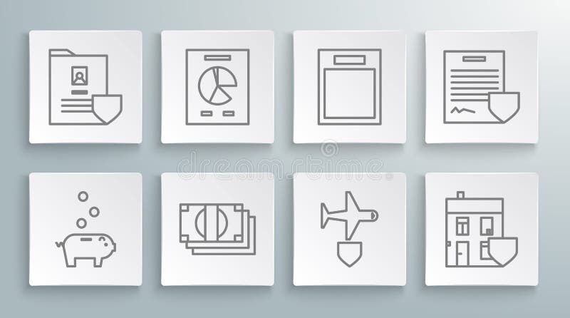 Set line Piggy bank with coin, Document graph chart, Stacks paper money cash, Plane shield, House, Empty form, Contract royalty free illustration