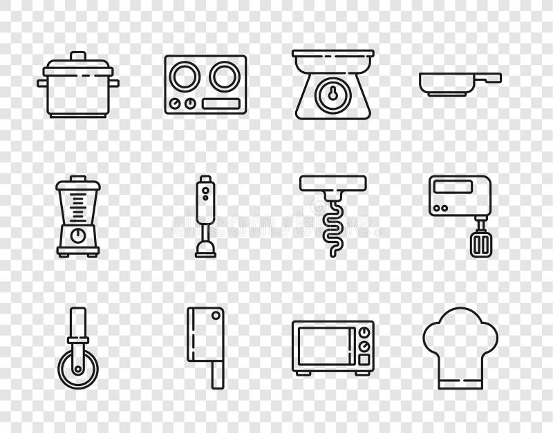 Set line Pizza knife, Chef hat, Scales, Meat chopper, Cooking pot, Blender, Microwave oven and Electric mixer icon